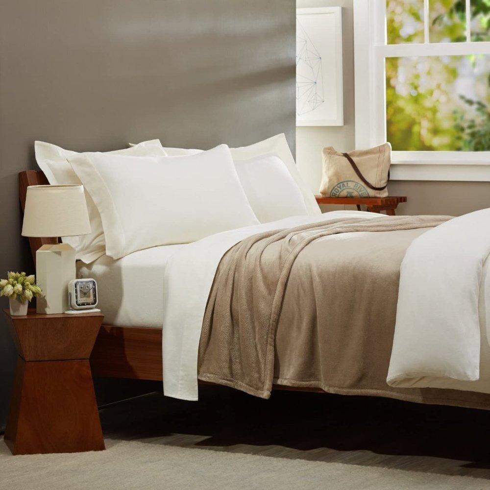 Soft Velvety Sand/Tan Plush Bed Blanket, King